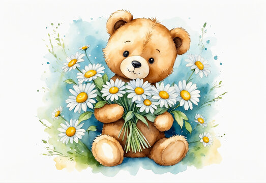 Stunning illustration. Charming teddy bear with a bouquet of daisies. minimalistic background 