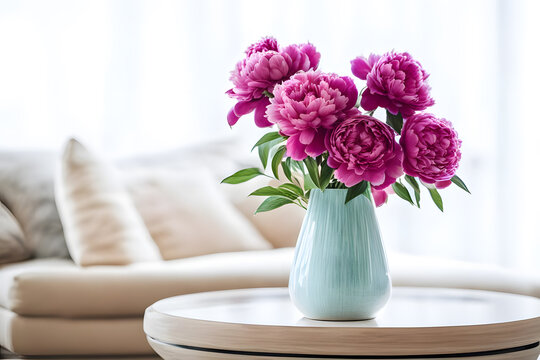 Close-up ceramic vase with peonies on round coffee table against background