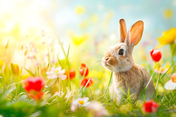 Easter bunny, green grass and flowers on blurred background with bokeh