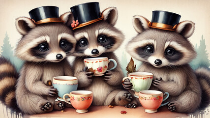 A group of three racoons drinking tea, fairy tale - obrazy, fototapety, plakaty
