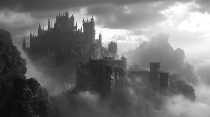 A castle is surrounded by fog and clouds in a black-and-white photo, AI