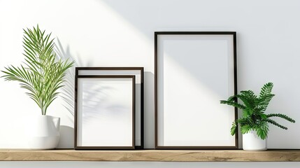 Interior Decor Display - Blank photo frames on a brown floating shelf, accompanied by a potted plant, creating an elegant room decor mock-up, isolated on white with natural light and copy space
