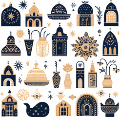 Moroccan Asset Collection:
An elegant assortment of Moroccan-inspired icons, featuring traditional architectural elements, decorative vases, and geometric patterns in a classic navy and gold color sch