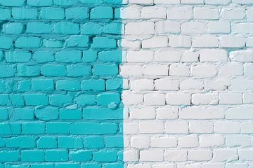 Fotobehang white and turquoise brick wall with a teal shade in t © AQsd