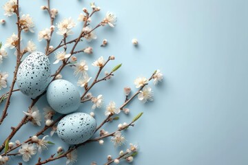 Easter arrangement with willow branch and eggs on white background - obrazy, fototapety, plakaty