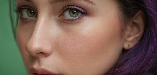 Obraz premium a close - up of a woman's face with purple hair and green eyeshadow, looking at the camera.