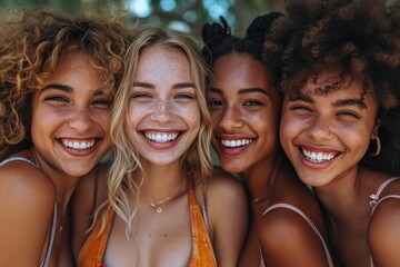 A joyful gathering of smiling women from diverse ethnic backgrounds