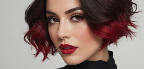Fototapeta premium a close up of a woman with red hair wearing a black shirt and a red lip and a red lipstick.