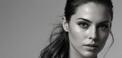 Fototapeta premium a black and white photo of a woman's face with her hair in a pony tail and eyeshadow.