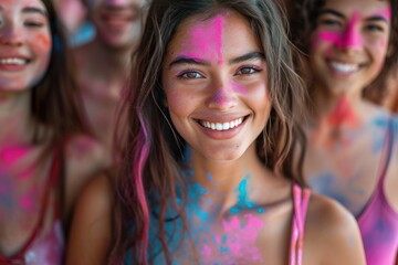 Fototapeta premium At the Holi festival, joyful men and women smile, covered in colorful paint.