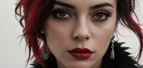 Fototapeta premium a close up of a woman with red hair and a black jacket with a fur collar and earrings on her head.
