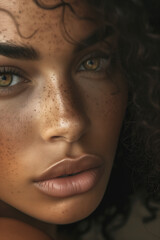 Fototapeta premium Natural beauty, beautiful young woman with charming freckles, beautiful close-up portrait.