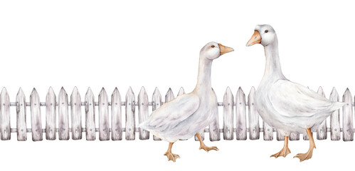 Seamless border fence made of white gray, boards with a wood texture. Domestic watercolor goose farm bird. Hand painted watercolor illustration, isolated on white background. Banner boards the top