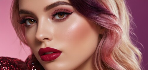 Fototapeta premium a close up of a woman with pink hair and red lipstick wearing a red sequin dress and red lipstick.
