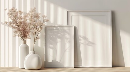 Elegant Room Decor - Table adorned with a decor vase and two empty vertical picture frame mockups, enhancing the room with a classic and stylish centerpiec