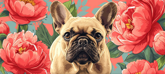french bulldog on the peony background - obrazy, fototapety, plakaty