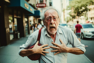 Elderly man has a heart attack on the street on a summer day