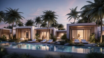 Fototapeta na wymiar Luxury modern house with swimming pool at night, minimalist architecture design