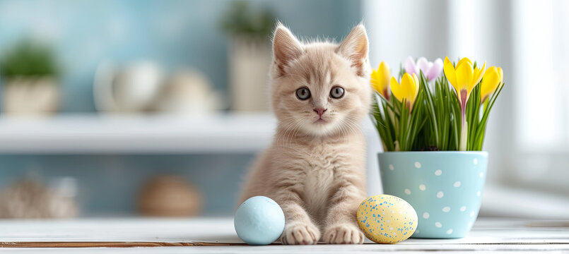 little kitten with easter eggs and narcissus in the pot