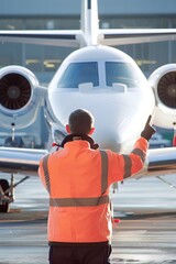 man parks the plane at the airport, Aircraft Marshal Signalling
