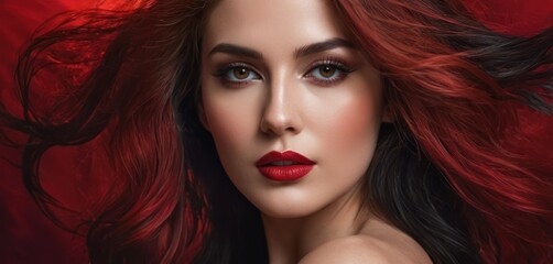 Naklejka premium a close up of a woman with long red hair and red lipstick on her face and her hair blowing in the wind.