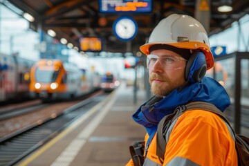 Fototapeta premium A rugged blue-collar worker wearing high-visibility clothing and a hard hat listens to music while working outdoors on a train track