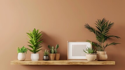 Minimal Living Space - Wooden brown shelf adorned with plants and a photo, creating a stylish and simple interior against a brown wall backdrop