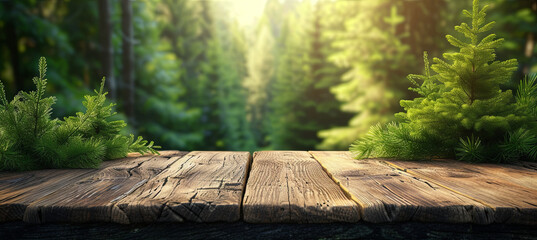 wooden table on the against the background of coniferous trees. Podium for presentation of goods 