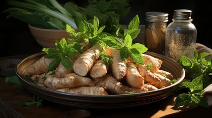 Galangal in a bowl on the kitchen table. - obrazy, fototapety, plakaty