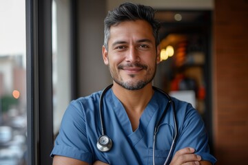 A smiling man with a rugged beard and watch around his wrist stands confidently against a wall, dressed in scrubs and a stethoscope, exuding both professionalism and approachability - obrazy, fototapety, plakaty