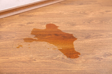 Wooden laminate floor with spilled tea