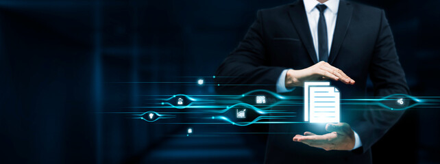 Document Management, Businessman Holding Document Management icon, Efficient Organization,...