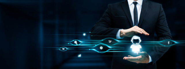 Technical Support, Businessman Holding Technical Support icon, Troubleshooting Solutions, Customer Assistance, Service Excellence on Dark Background.