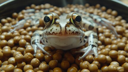 A frog sitting in a bowl of beans with its eyes open, AI