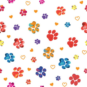 Rainbow animal paw print trails with hearts on a transparent background. Silhouettes of cat, dog footprint. Brushstroke vector illustration.