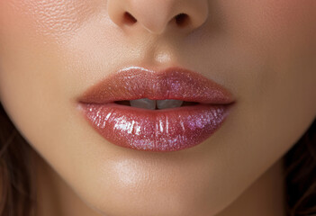 Naklejka premium Close-up of lips with sparkling pink lipstick. Macro photography with a focus on glossy lip makeup. Beauty and cosmetics concept for design and print.