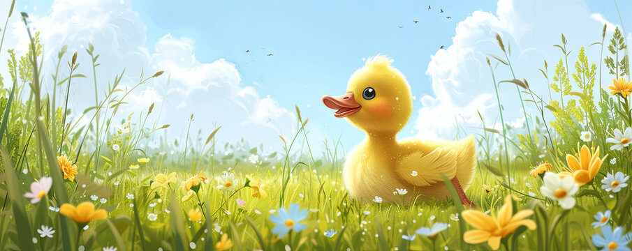 Cartoon little yellow duck on the flower meadow