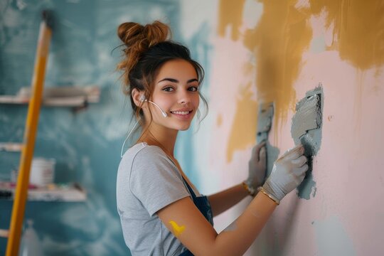A young woman radiates joy as she expertly applies vibrant strokes of paint to a blank wall, transforming it into a breathtaking portrait with the flick of her brush