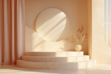 3d background product display podium with circular backdrop and curtains. 3d, render