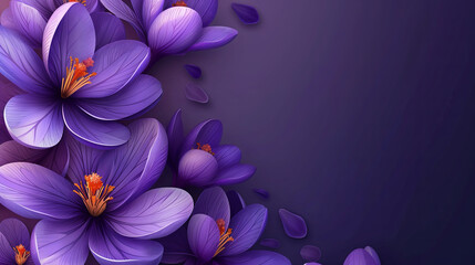 greeting Card for 8 March with flowering crocuses. happy womens day, violet background