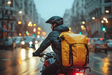 A lone rider braves the stormy night, navigating through the city streets on their motorcycle, a...
