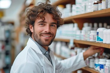 A determined man in a crisp white coat surveys the neatly arranged shelves of medicine bottles in the bustling pharmacy, ready to serve his customers with expertise and care - obrazy, fototapety, plakaty
