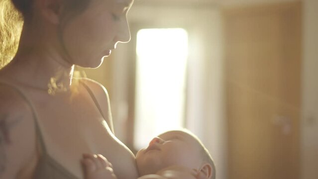 Enjoy moment of tenderness, feeling unconditional love. Beautiful young woman in warm cozy bedroom breastfeeding her little newborn baby in her arms. Lactation, child health care, natural nutrition
