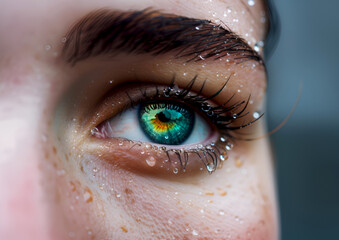 Eye with rainbow pupil and water drops or tears, sorrow emotion. Close-up shot of moist eye with colorful iris. Rainbow-hued pupil on dewy skin close-up, macro shot. Regrets in the eye