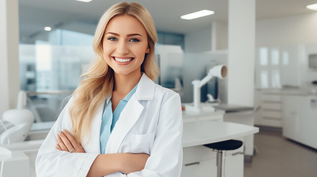 urgery a doctor's or dentist's room, happy woman dentist
