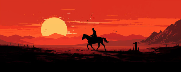 Horse rider in a beautiful arid landscape at sunset, panoramic view, illustration generated by AI 