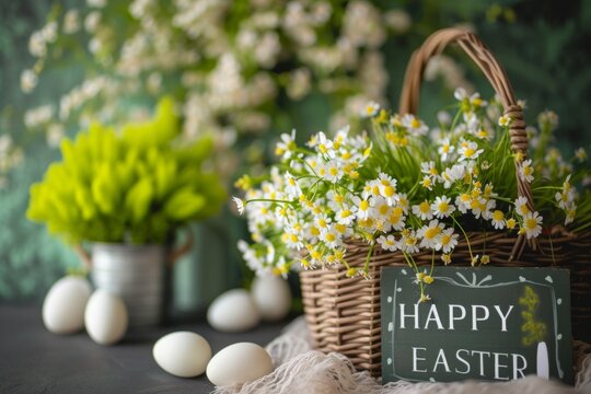 HAPPY EASTER signs and basket of flowers Generative AI