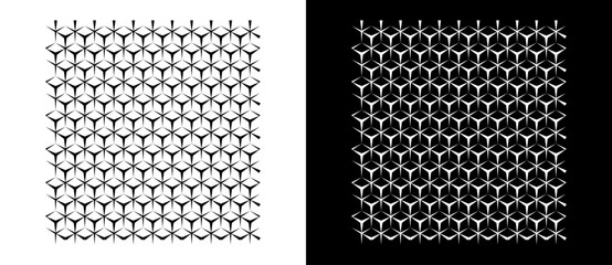 Abstract background with lines in hexagons shape. A black pattern on a white background and an equally white lines on the black side.