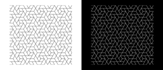Abstract background with lines in hexagons shape. A black pattern on a white background and an equally white lines on the black side.