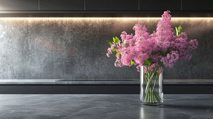 Lilac bouqet in the black modern kitchen, springtime 